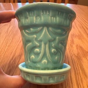 Vintage Turquoise Ceramic Planter with Saucer Botttom